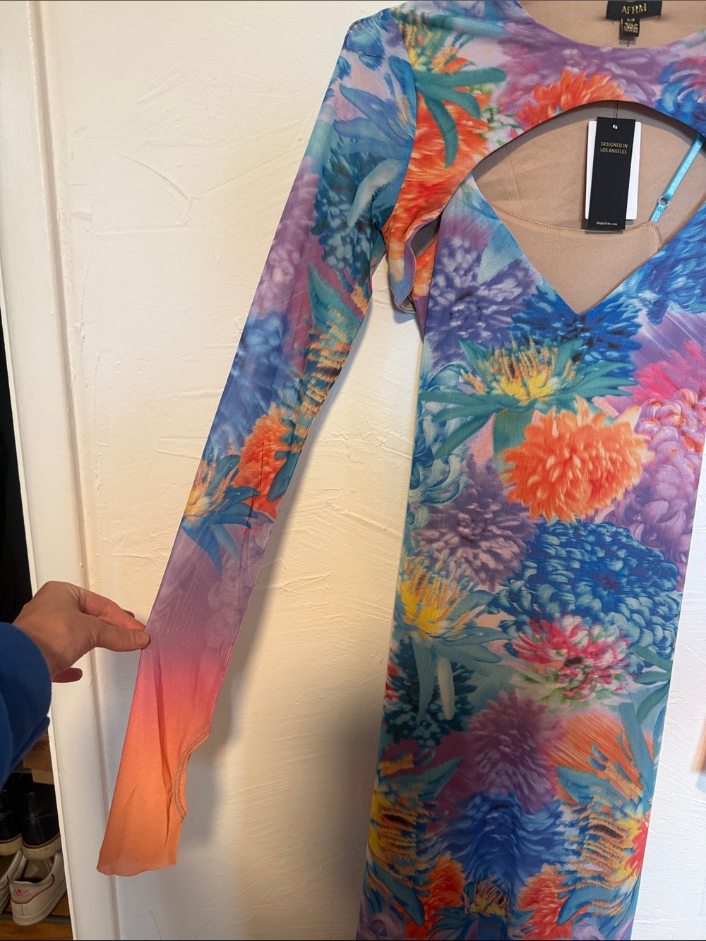 AFRM Long Floral Ombre Cutout Maxi Dress in Blue, Purple, Orange and Pink - Picture 3 of 4